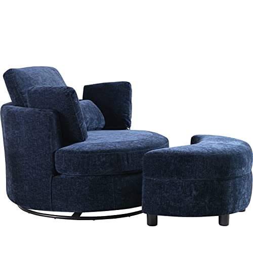 Chair and A Half with Ottoman, 360° Swivel Accent Barrel Chair Modern Comfy Round Reading Sofa Swivel Chairs Circle Lounge Chair for Bedroom Living Room w/4 Pillow Lower Seating Heigh (White, Large)