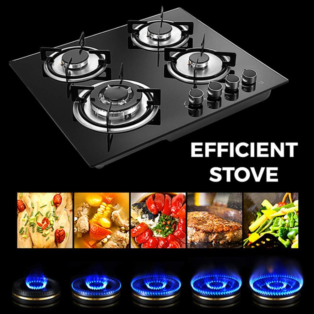 Gas Stove Cooktop 23x20 Inches Built in Gas Cooktop with 4 Burners, Portable Black Tempered Glass Stove Burner Cast Iron with NG/LPG Conversion Kit for RVs,Apartments,Outdoor,Black