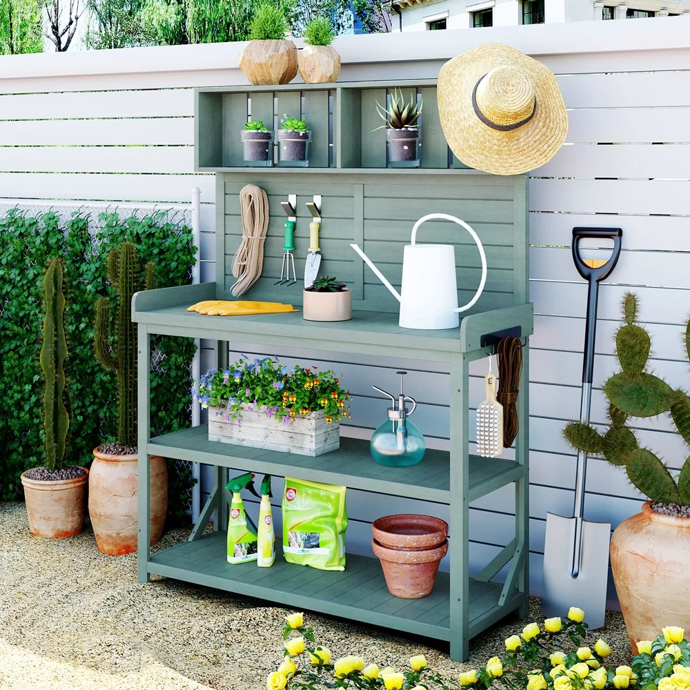 Yone jx je 65" Garden Potting Bench,Large Wooden Farmhouse Rustic Outdoor Potting Bench Table, Patio Workstation with 4 Storage Shelves and Side Hook for Garden Balcony Backyard,Green
