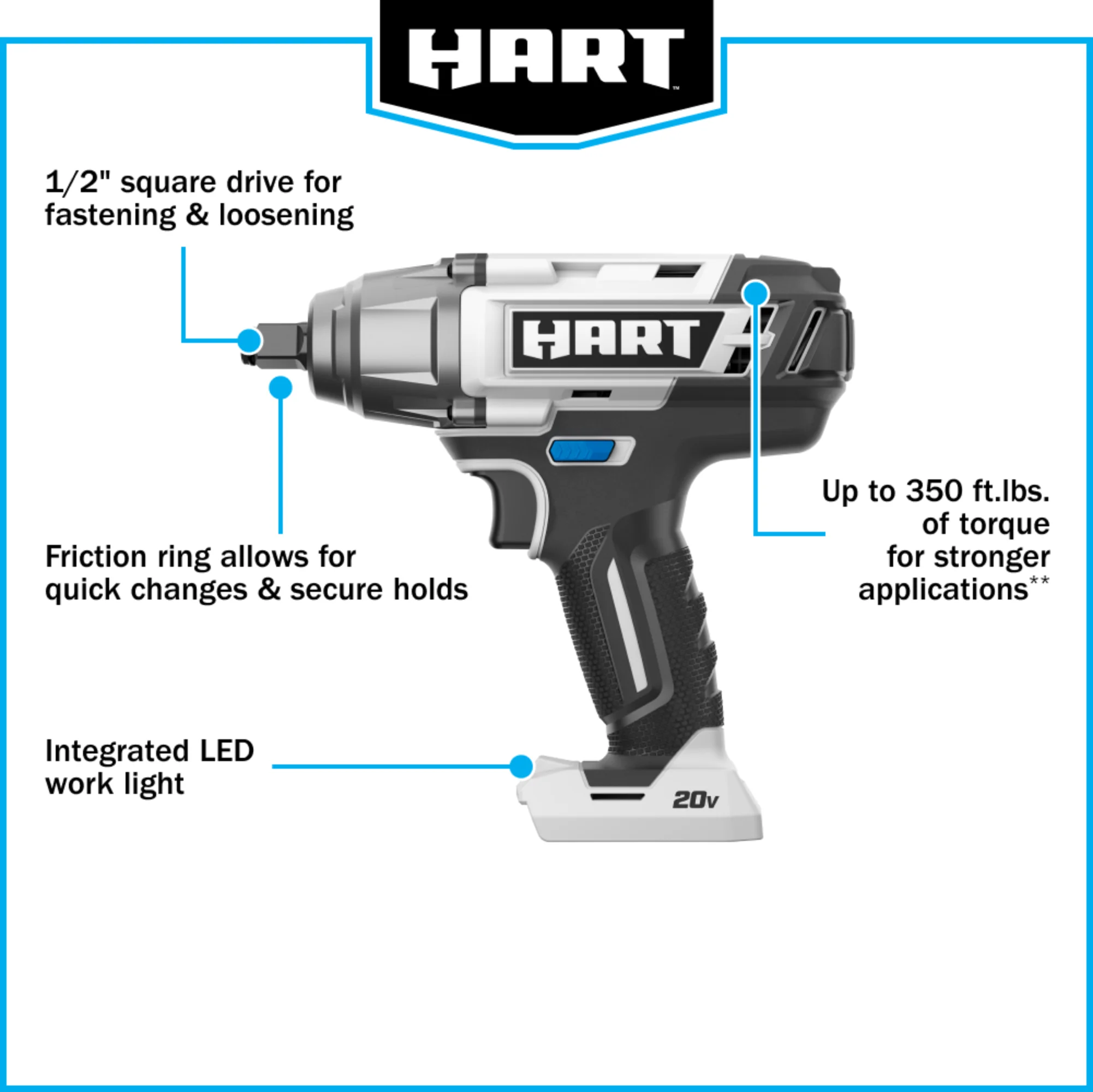 HART 20-Volt 1/2-inch Battery-Powered Impact Wrench (Battery Not Included)