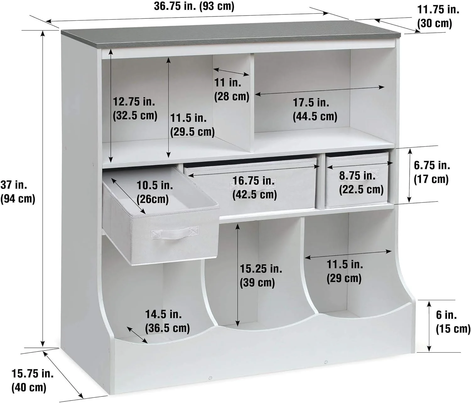 WAGEE Combo Bin Toy Storage Unit and Book Shelf for Kids with 3 Baskets - White/Gray