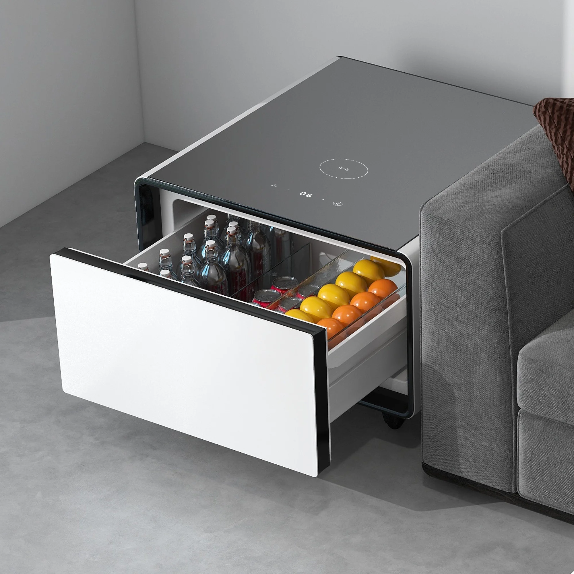 Livtab Smart Side Table with Built in Fridge, Charging Station, End Table with Storage Drawer, Control Panel for Living Room, White