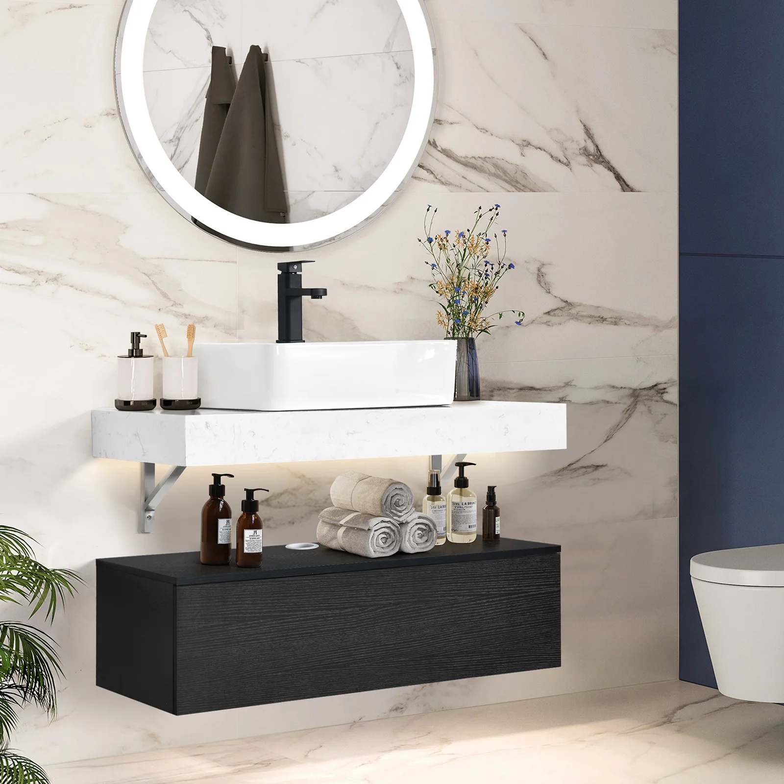 DEXTRUS 39.4'' Single Floating Bathroom Vanity , Wall Mounted With Drawer,Ceramic Sink Vessel