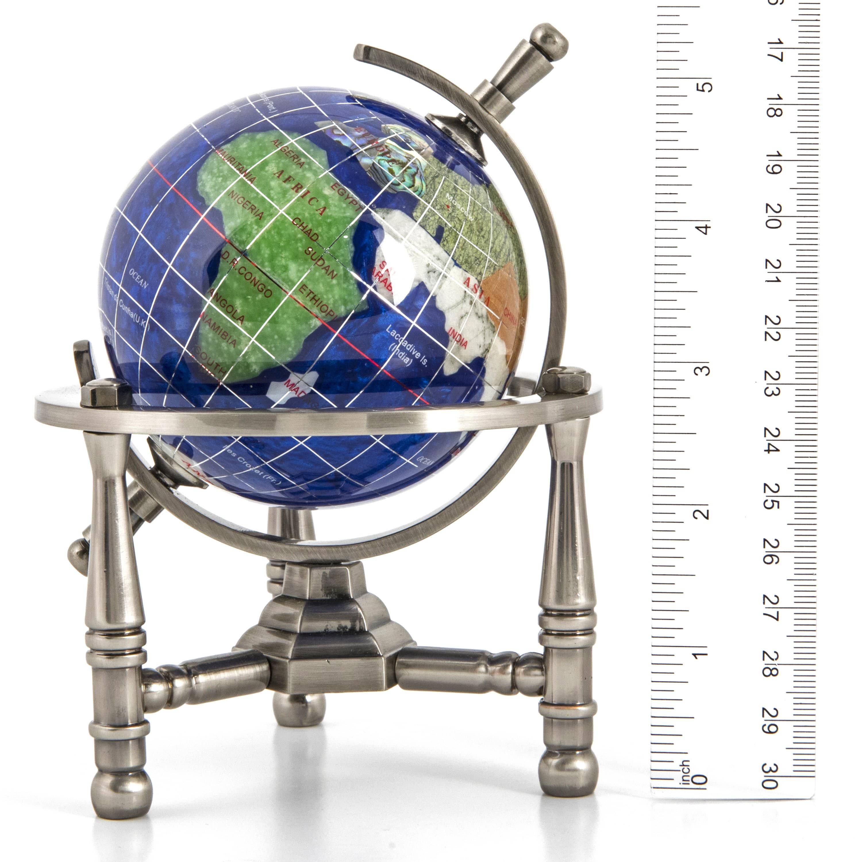 Kalifano GNT80AS-CB Caribbean Blue/Antique Silver 3x22 Gemstone Globe with Nautical 3-Leg Stand