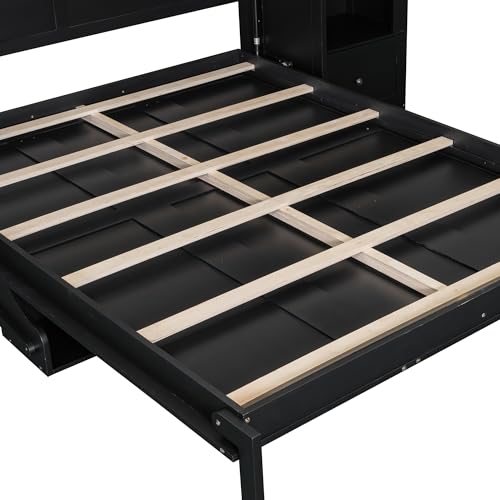 KLMM Wooden Murphy Bed Wall Bed with 2 Wardrobe and Storage Shelf,Foldable Platform Bedframe for Guest-Room Bedroom Study Office Use (White#E, Full)