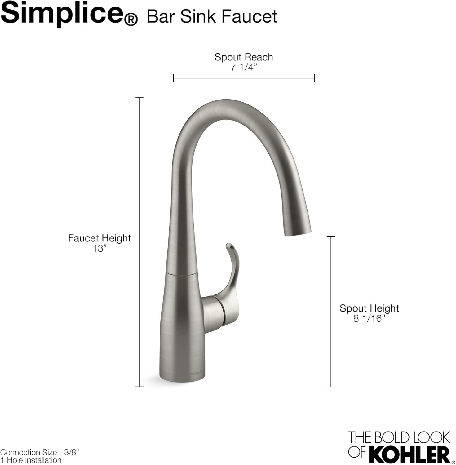 KOHLER 22034-VS Simplice Single-Handle Bar Sink Faucet, Secondary Kitchen Faucet, Bar Faucet, Vibrant Stainless