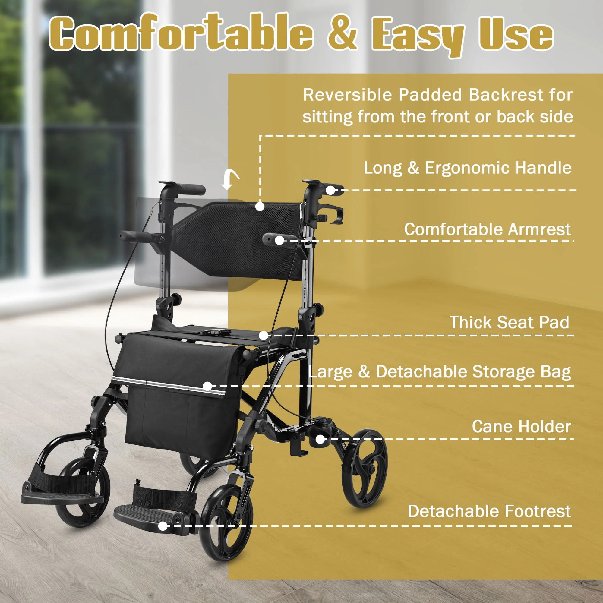 Yescom 2 in 1 Rollator Walker Transport Wheelchair with Backrest Footrests Foldable for Senior Black