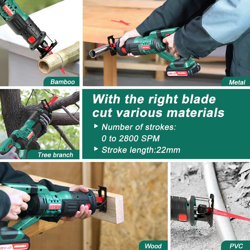 HYCHIKA Cordless Reciprocating Saw 20V 2Ah 2 Batteries 4 Saw Blades, 0-2800SPM Variable Speed, 7/8 Stroke Length Tool-Free Blade Change LED Light for Wood Metal Cutting Pruning