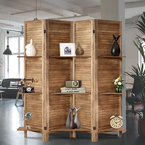 Room Divider with Shelves, Privacy Screen, Room Dividers and Folding Privacy Screens, 5 Panel Wood Temporary Wall Partition Separation Separator, Coconut