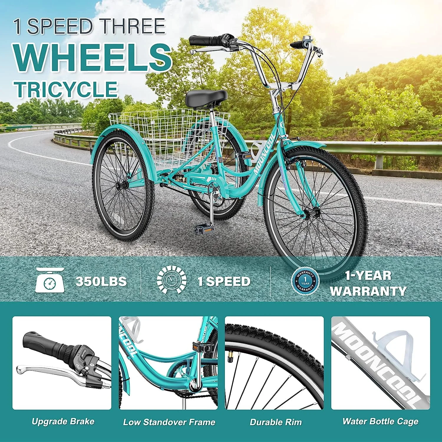 MOONCOOL Adult Tricycles, Single Speed Three Wheel Bike for Adults, 24 inches Adult Trikes for Men, Women, Seniors with Low Step Through