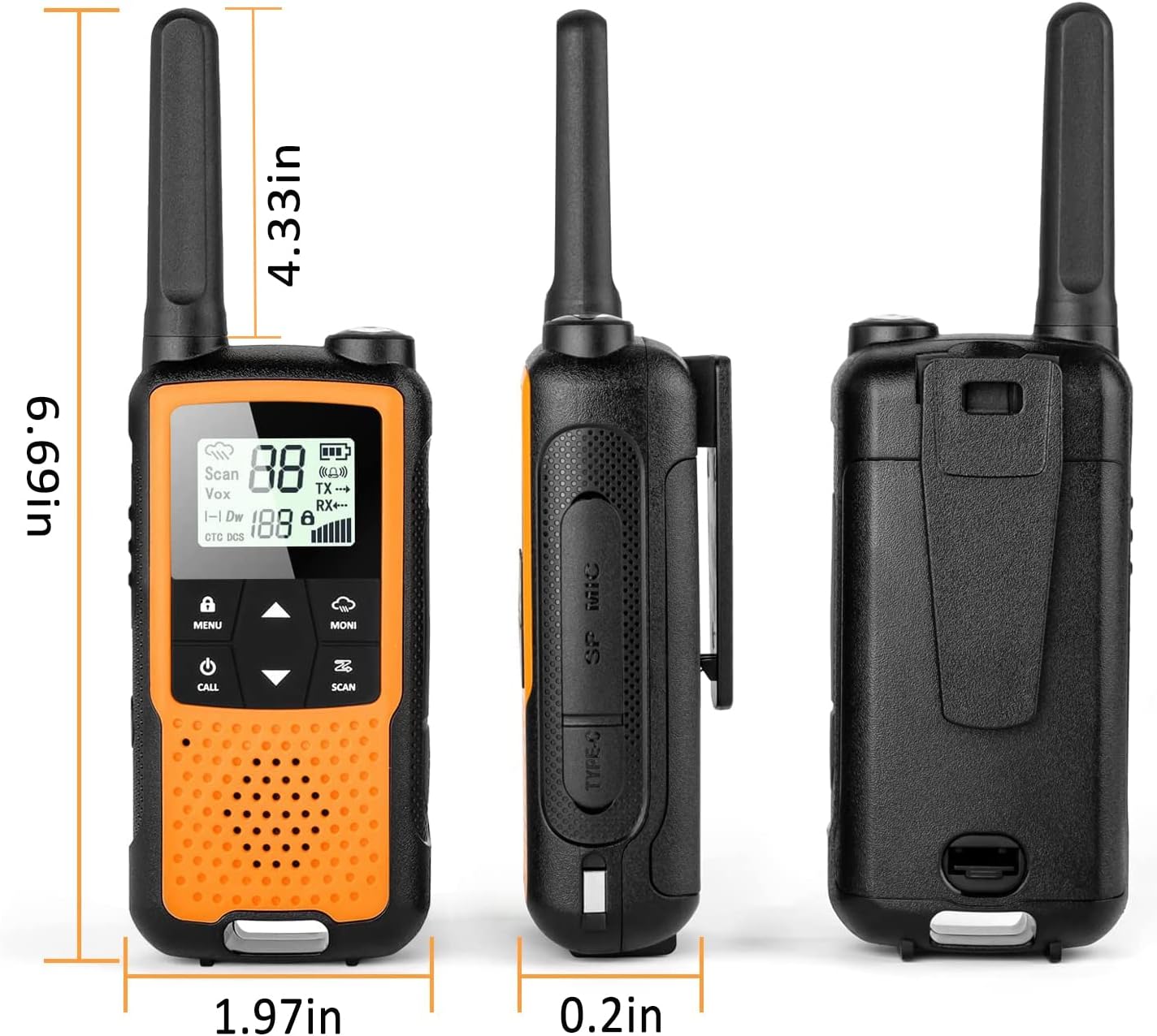Walkie Talkies Rechargeable, NOAA Walkie Talkies Long Range for Adults, 22 Channels FRS Radio, Handheld 2 Way Radio, VOX Walkie Talkie with Earpiece and Mic, Walky Talky, USB Charging(Orange 4 Pack) Pack of 2