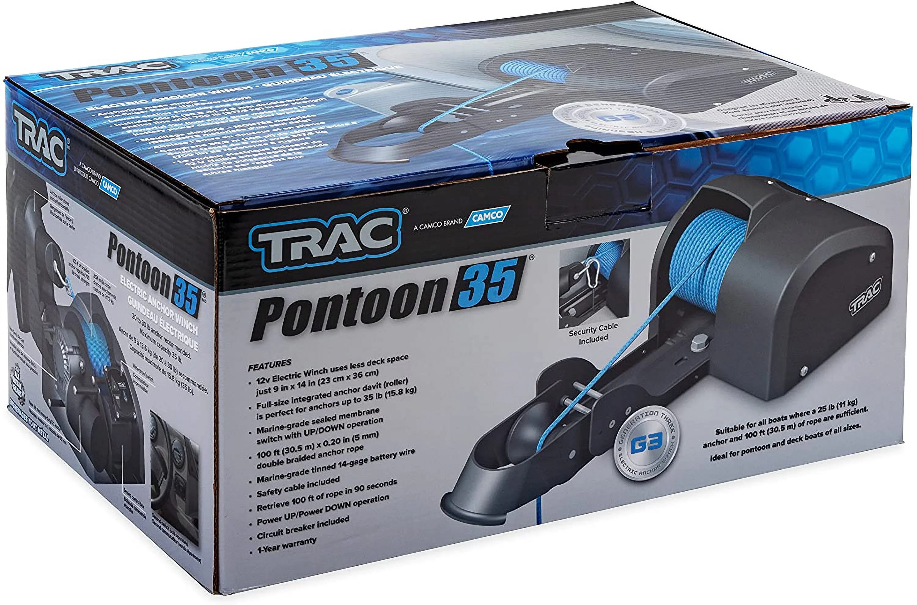 Camco TRAC Outdoors Pontoon 35-G3 Electric Anchor Winch | Features a High-Efficiency, 12-Volt DC, All Steel Gear Motor and 100-feet of Pre-Wound Double-Braid Anchor Rope (69003)