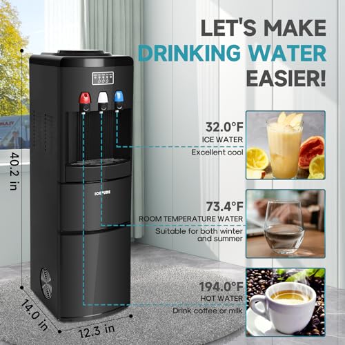 ICEPURE 3 in 1 Water Cooler Dispenser with Built-in Ice Maker, Hot Cold Room Temp Water and Bullet Ice, Top Loading 2, 3 or 5 Gallon, 26.5 Lbs per 24H Ice Maker, Child Safety Lock