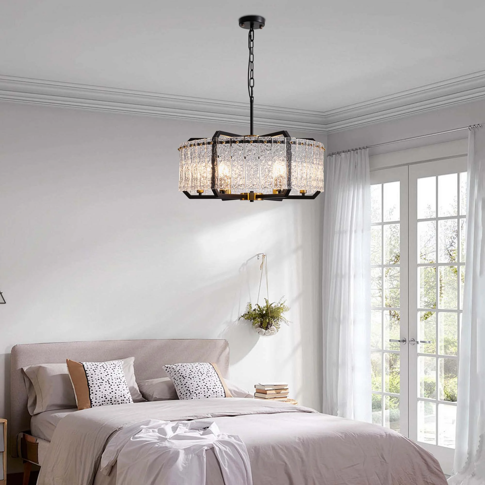 HOOMEDELIER Modern Crystal Chandeliers Lighting for Dining Room,  6-Light Luxury Water Ripple Glass Black Ceiling Light Fixture, Round Drum Chandelier for Kitchen Island, Entryway, Farmhouse 25"D*11"H