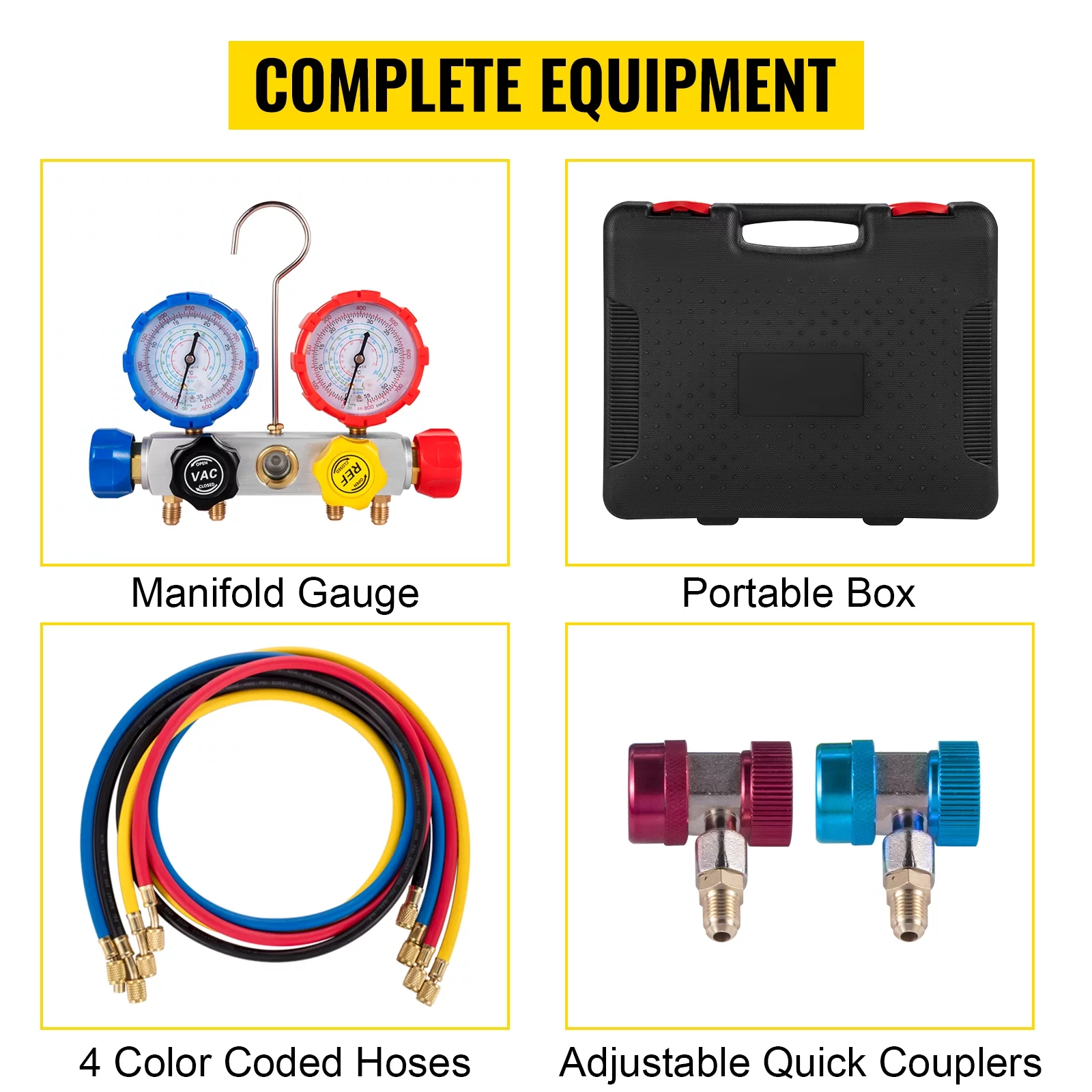 VEVOR Vacuum Pump 4.8CFM 1/4 HP Single Stage HVAC A/C Refrigeration Kit 5PA Ultimate Vacuum Manifold Gauge Set R410A R134A R22 HVAC AC, 4-Way Manifold Gauge and Hose for Air Conditioning Systems