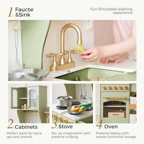 Tiny Land Play Kitchen for Kids with Enhanced Storage – Modern Toddler Kitchen Playset with Stove, Sink & Accessories, Organized Wooden Toy Kitchen, Ideal for Toddlers