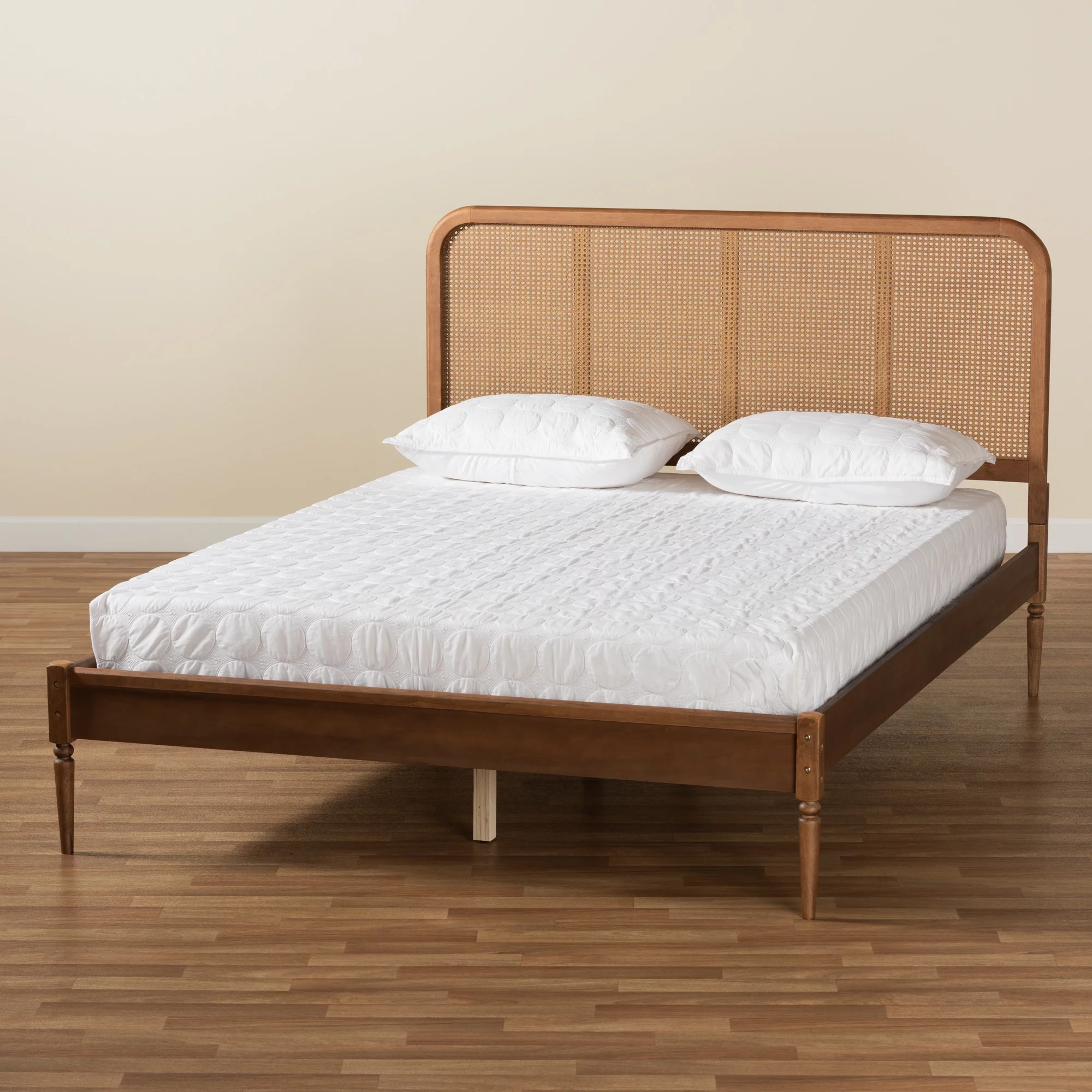Baxton Studio Elston Mid-Century Modern Walnut Brown Finished Wood and Synthetic Rattan Queen Size Platform Bed