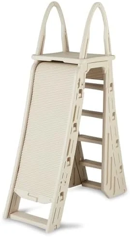 7200 Roll Guard 48" to 56" Adjustable A Frame Safety Ladder for Above Ground Outdoor Patio Swimming Pool Platform Ladder with Step Barrier, Warm Grey…