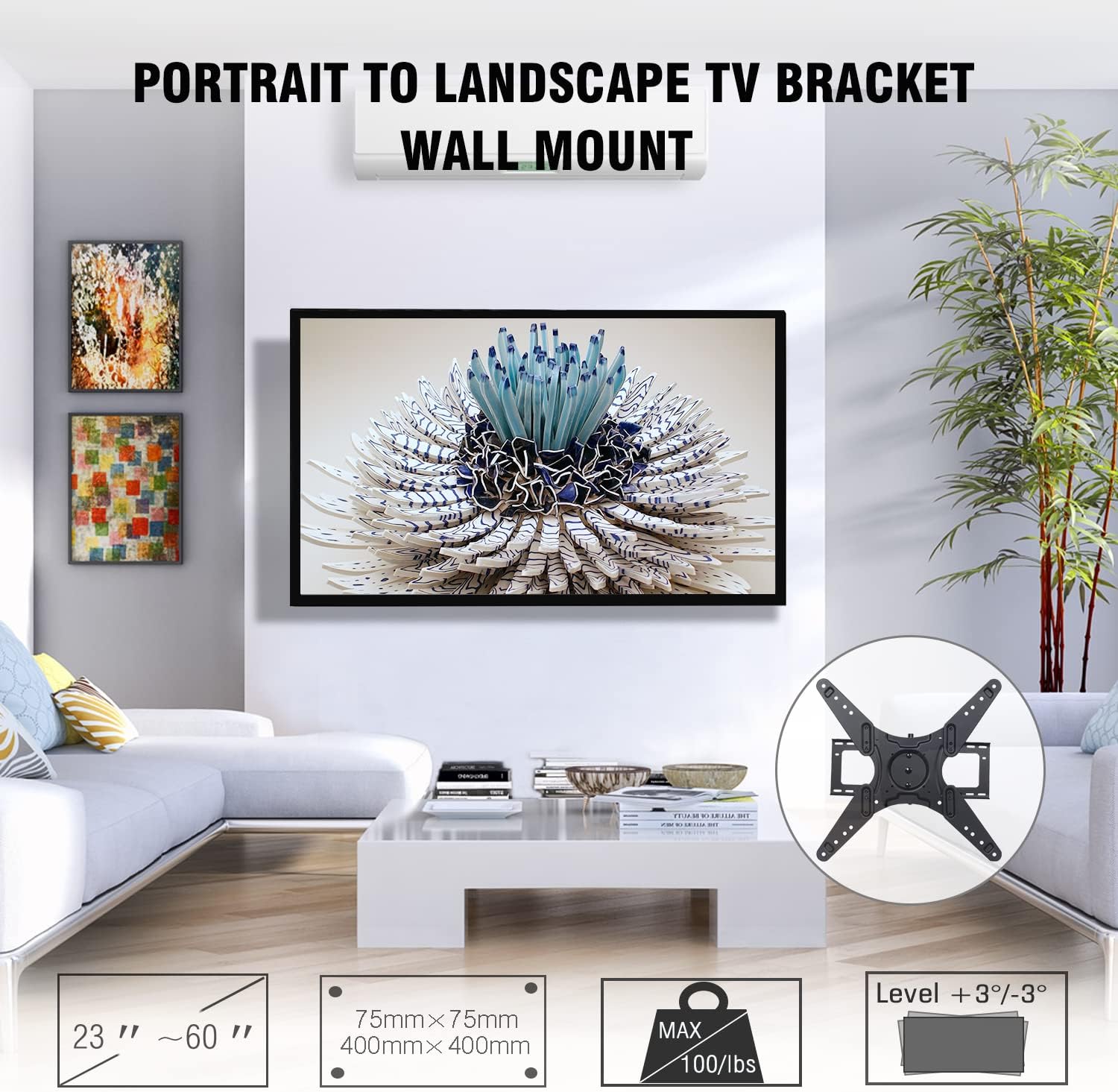 WHYFONE Landscape to Portrait Long Arm TV Mount,Full Motion TV Wall Mount Bracket with 48" Extension Articulating Arms,Swivels,Tilts,Rotation,Fits 23- 60" TVs & Monitor,Holds 100 lbs,VESA400x400mm