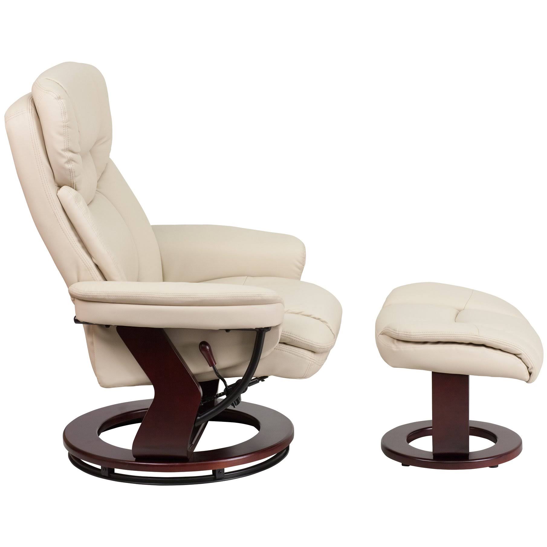 Flash Furniture Contemporary Multi Position Recliner And Curved Ottoman With Swivel Mahogany Wood Base - Beige