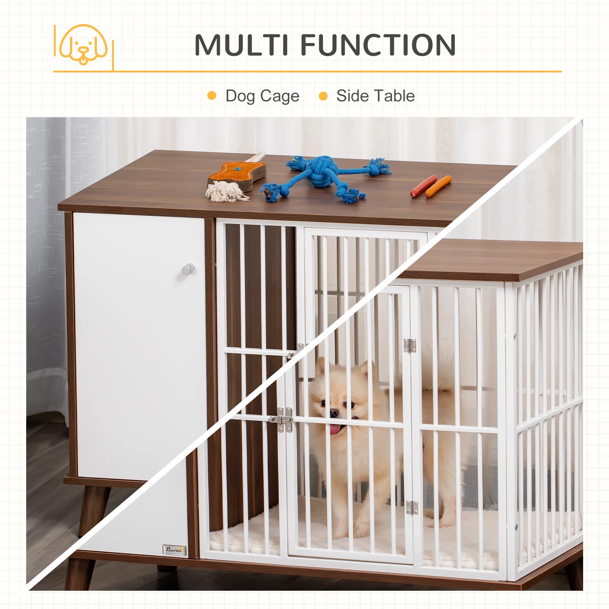 PawHut Wooden Dog Kennel, End Table Furniture with Cushion & Lockable Magnetic Doors, Small Size Pet Crate Indoor Puppy Cage, Brown