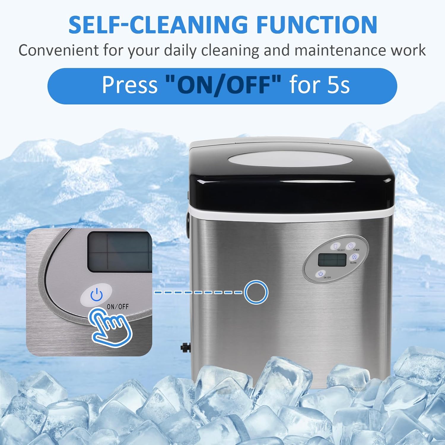 Portable Compact Countertop Automatic Ice Cube Maker Machine with Hand Scoop and Self Cleaning 48.5lbs in 24Hrs for Home Kitchen Office Bar Party