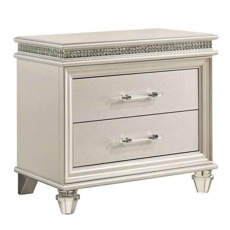Antique Contemporary Pearl White 4pc Bedroom Queen Size Bed Set Dresser Mirror Nightstand Bedroom Furniture Padded HB LED