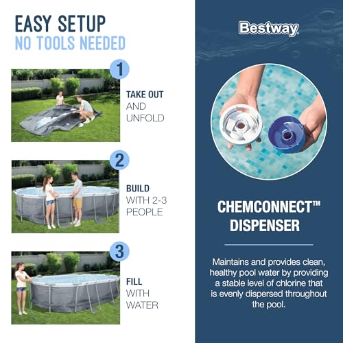 Bestway Power Steel 16' x 10' x 42" Rectangular Metal Frame Above Ground Swimming Pool Set with 1000 GPH Filter Pump, Ladder, and Pool Cover