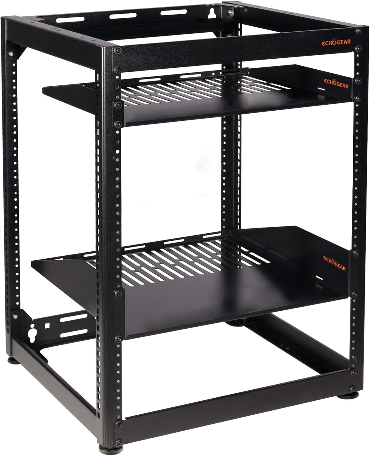 ECHOGEAR 15U Open Frame Rack for Servers & AV Gear - Heavy Duty 4 Post Design Includes 2 Vented Shelves & is Wall Mountable