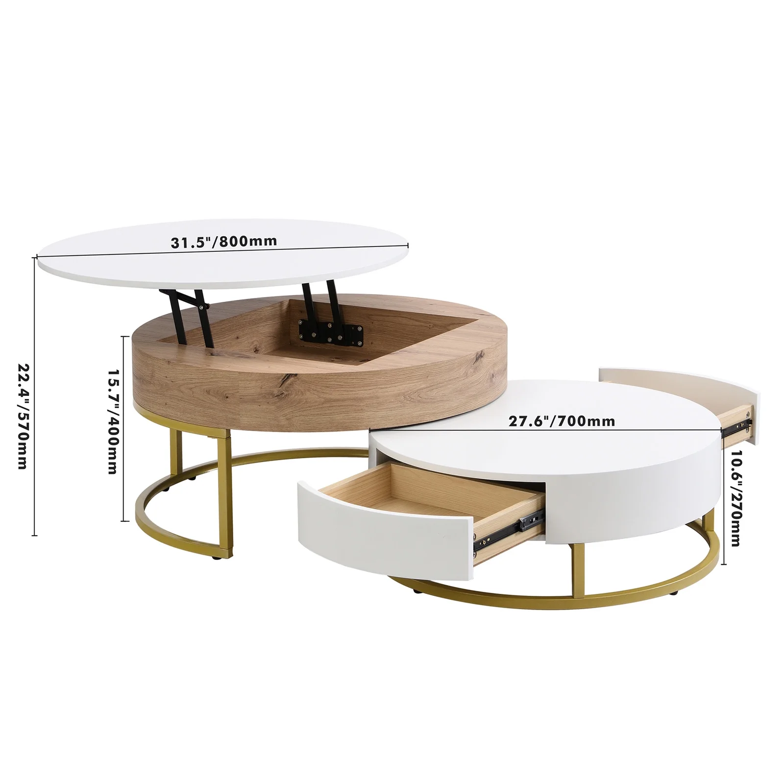 YISUYA Modern Round Lift-top Nesting Coffee Tables with 2 Drawers, Multifunctional Coffee Table, Lift Top Coffee Table, Center Table for Living Room, Home, Office, Oak Natural Wood + Antique White