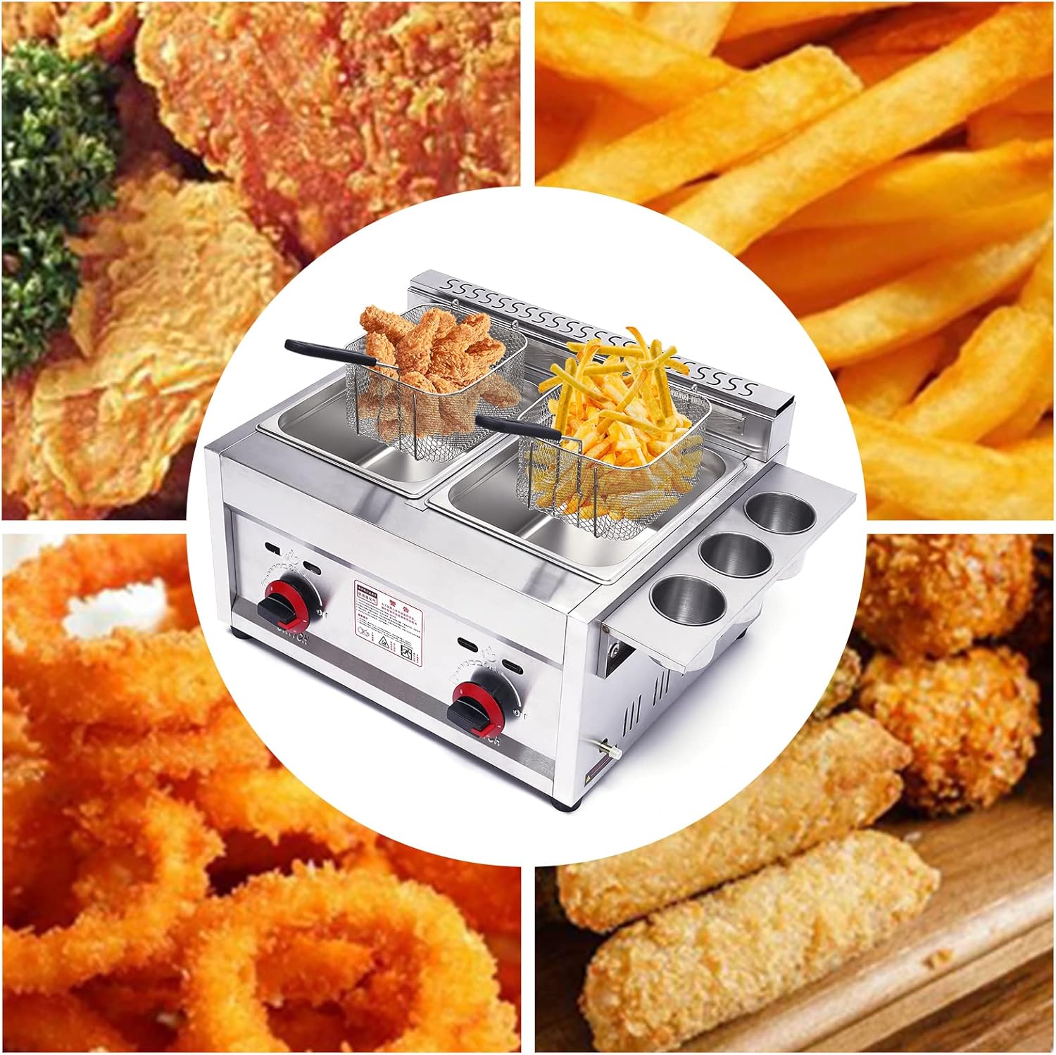LYNICESHOP Stainless Steel Countertop Gas Fryer, Commercial LPG Gas Deep Fryer with 2 Basket Propane LPG Oil Frying Pot Kitchen Frying Machine Snack Fryer For French Fries Restaurant Home Kitchen