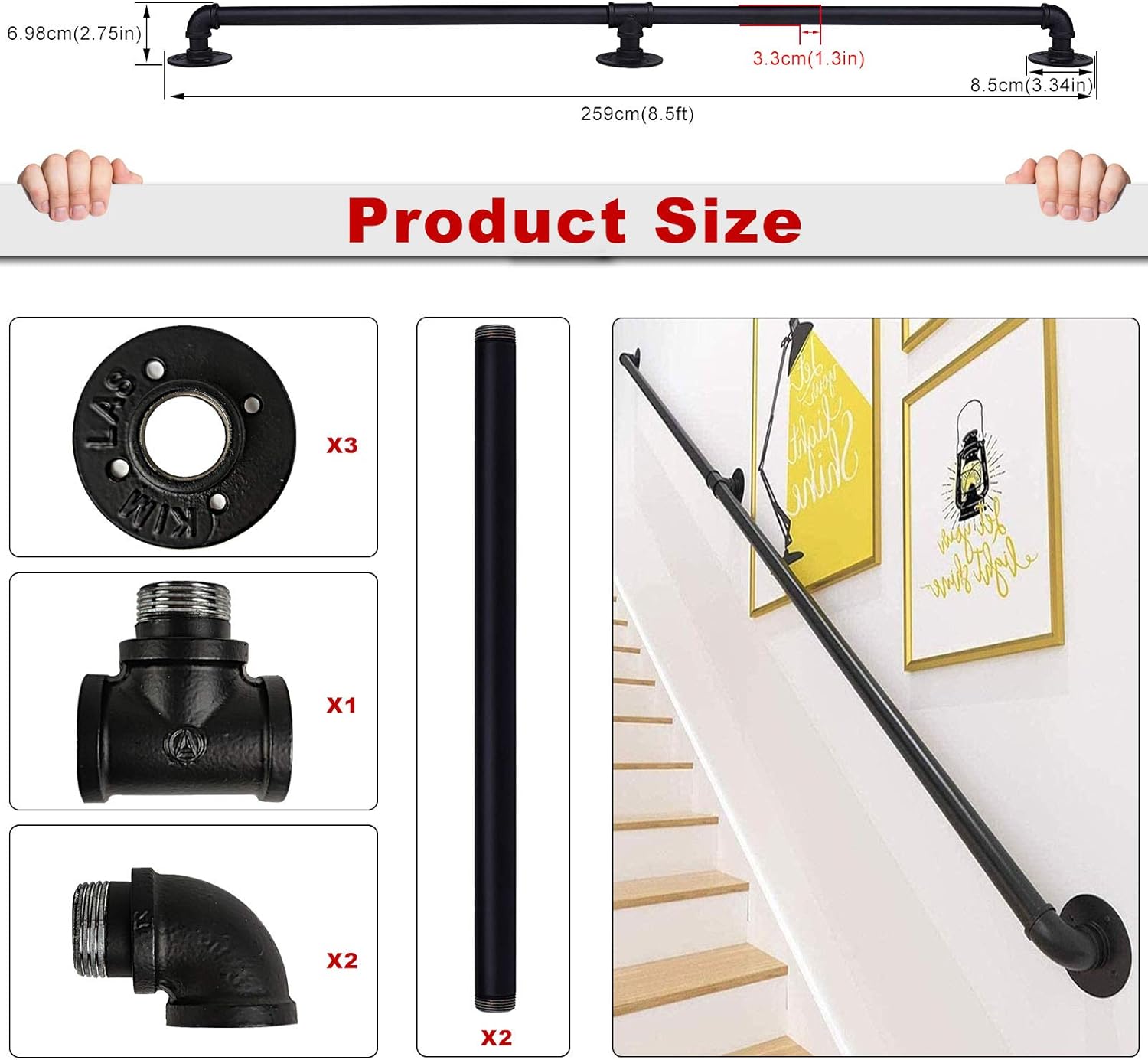 KaBenGo Hand Railings for Stairs Metal Pipe Staircase Handrail Wall Mount Decoration Rail for Outdoor & Indoor Steps Baluster Complete Kit/Easy to Install Banister (Satin Black) (3ft), 3 Feet