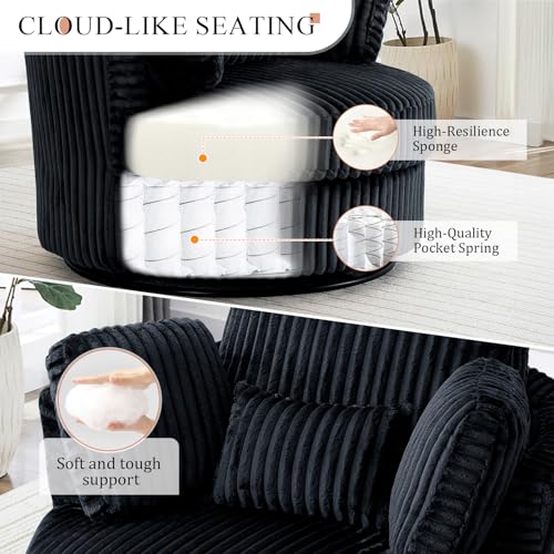 Chair and A Half with Ottoman, 360° Swivel Accent Barrel Chair Modern Comfy Round Reading Sofa Swivel Chairs Circle Lounge Chair for Bedroom Living Room w/4 Pillow Lower Seating Heigh (White, Large)