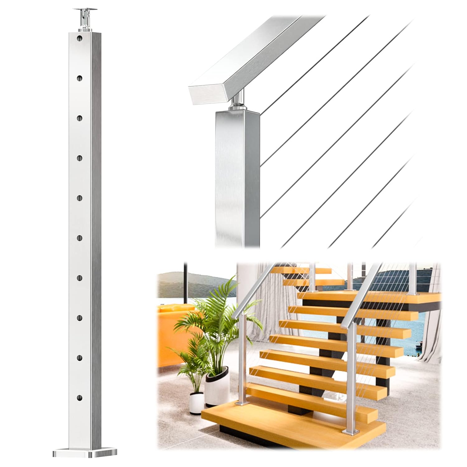 Muzata Cable Railing Post Square 36"x2"x2" Stainless Steel Brushed Finishing Pre-Drilled Post Surface Mount for Wood Concrete Level Deck Stair Balustrade fit Invisible kit PS01 LH4S, PT1 PT2 PT6