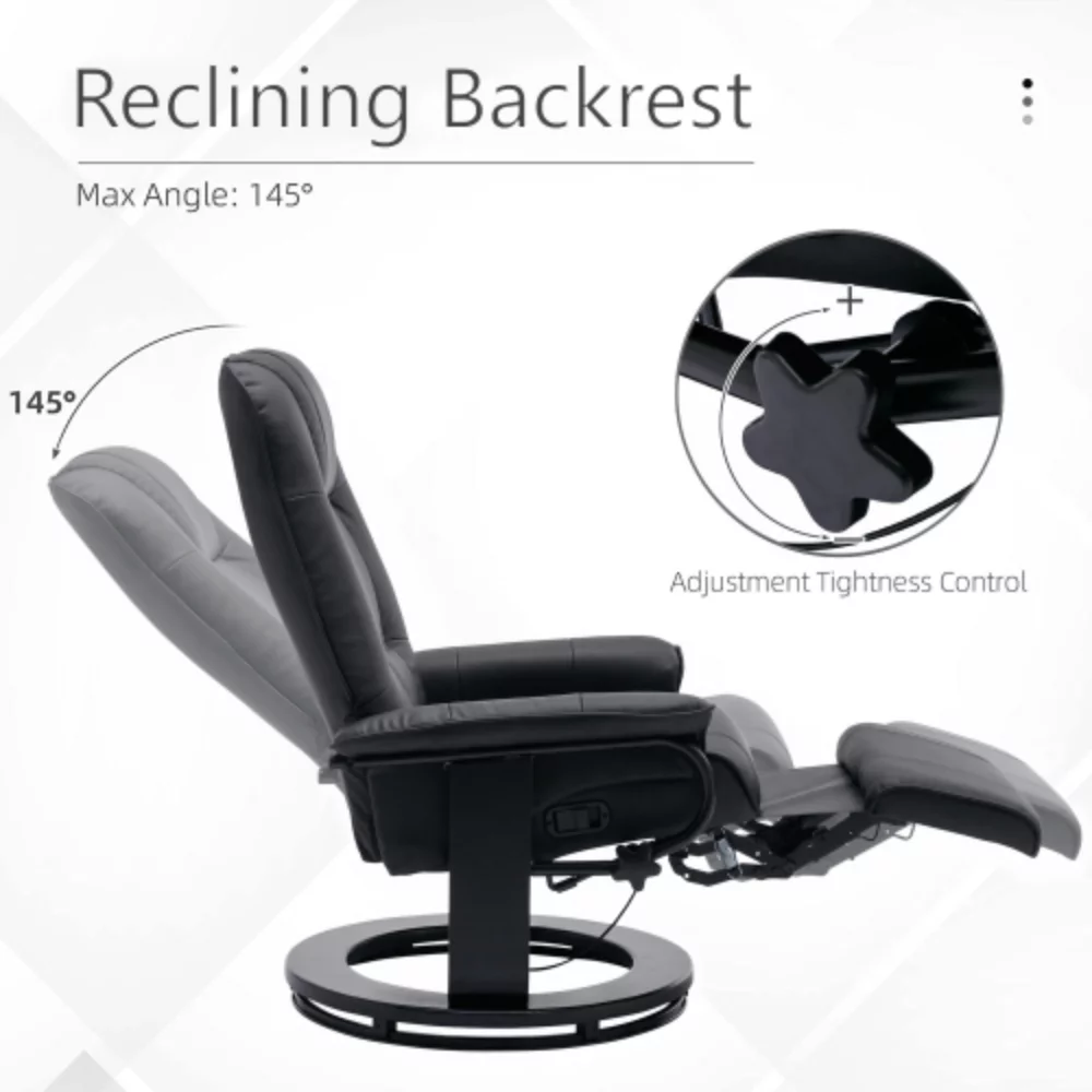 Faux Leather Manual Recliner,Adjustable Swivel Lounge Chair with Footrest,Can Rotate 360 Degrees,L-right Angle Curved Wooden Frame, Armrest and Wrapped Wood Base for Living Room,Black