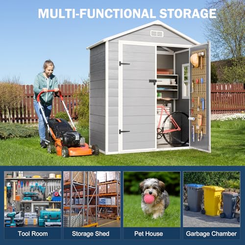 8x6x7 FT Resin Storage Shed, Waterproof Outdoor Storage Shed w/Floor, 2 Windows, Double Lockable Doors & Vents, Tool Shed for Patio Garden, Lawn, Backyard, Dove Grey