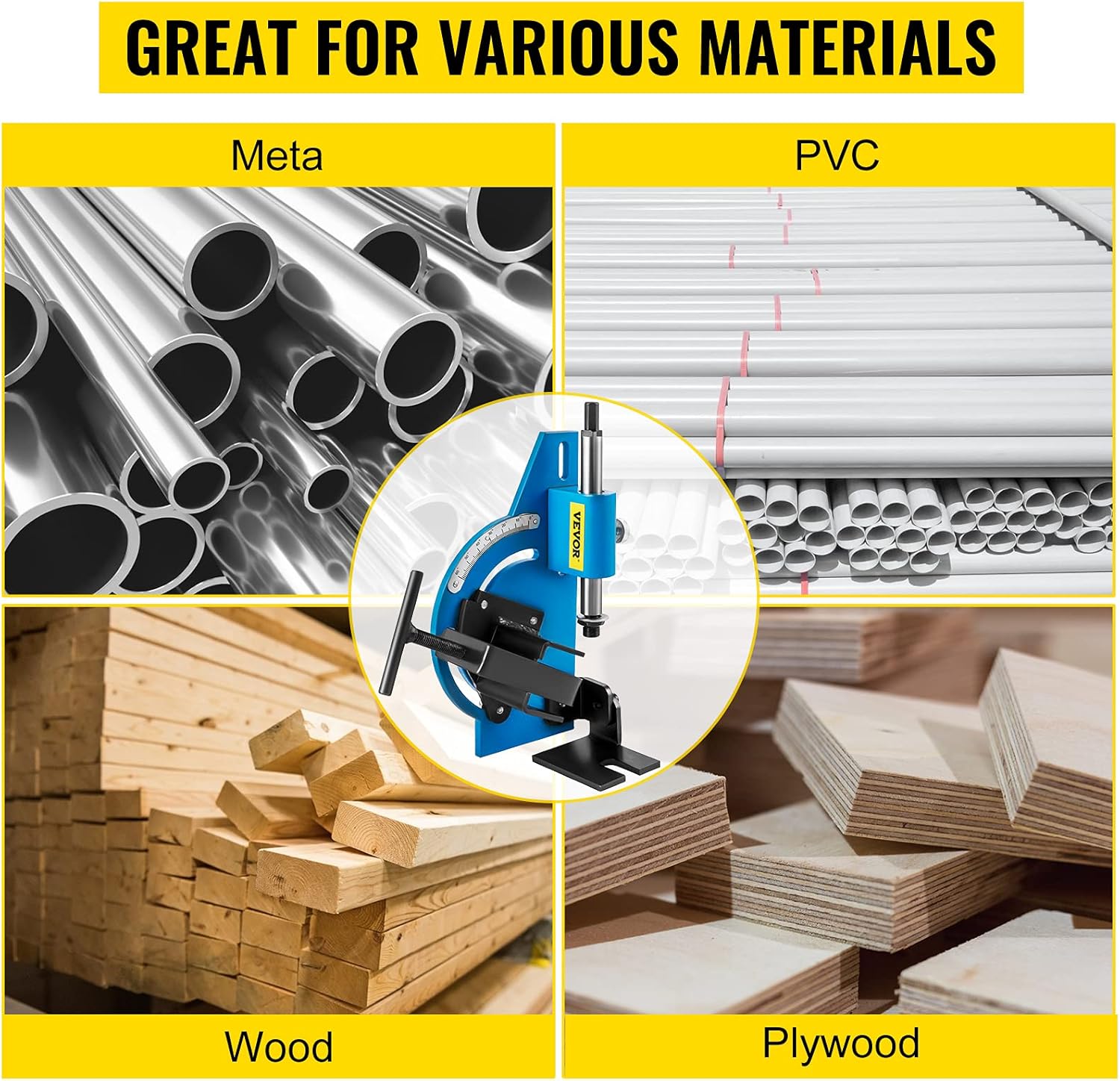 VEVOR Tube Notcher Kit 60 Degree Pipe Tubing Notcher w/ 9 Pc Bi-Metal Hole Saw&nbsp;3/4" -2-1/4" with Case Tubing and Pipe Notcher 2 Drills Tube Notcher Tool for cutting holes through Metal, Wood, Plastic.