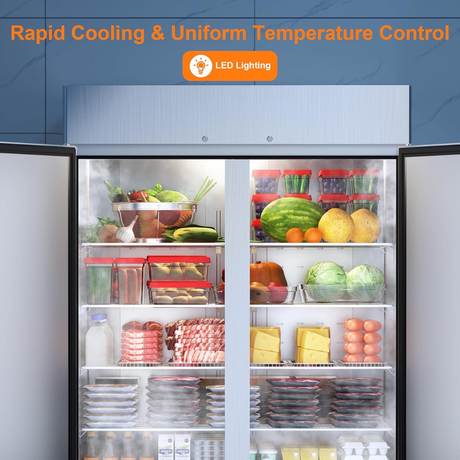 54’’ Commercial Freezer with 2 Door, Stainless Steel Reach-in Freezer Upright with 49 Cu.Ft/8 Shelves, Two Section Fan Cooling Freezers for Restaurant Garage ETL NSF Approved