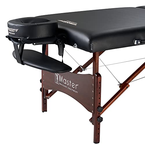 Master Massage Newport Portable Massage Table Package with Denser 2.5" Cushion, Walnut Stained Hardwood, Steel Support Cables, Pillows & Accessories, Black, 30"