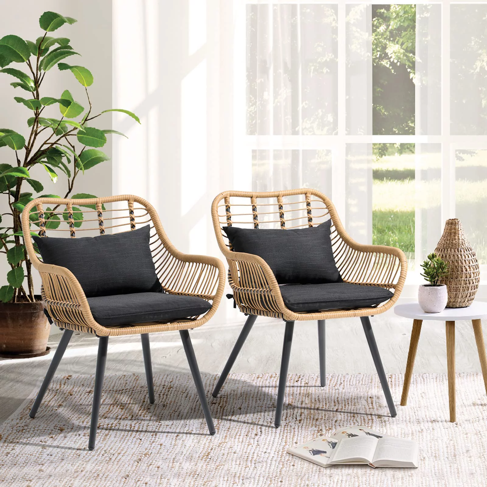 JOIVI Outdoor Wicker Chairs Set of 2, Patio Dining Chairs with Cushions, All-weather Rattan Porch Chairs with Armrest for Outside Lawn, Balcony, Garden, Black