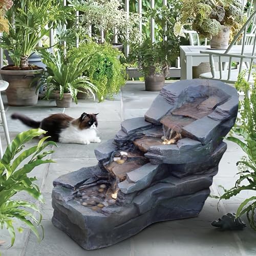 37" L Garden Outdoor Water Fountain, Floor Standing 5-Tiers Rock Natural Waterfall Outdoor Fountains with LED Lights for Patio, Porch, Home Art Decor