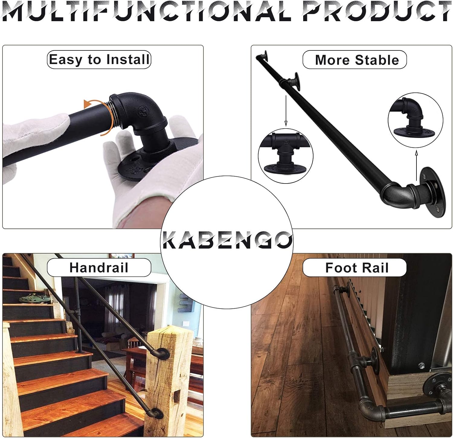 KaBenGo Hand Railings for Stairs Metal Pipe Staircase Handrail Wall Mount Decoration Rail for Outdoor & Indoor Steps Baluster Complete Kit/Easy to Install Banister (Satin Black) (3ft), 3 Feet