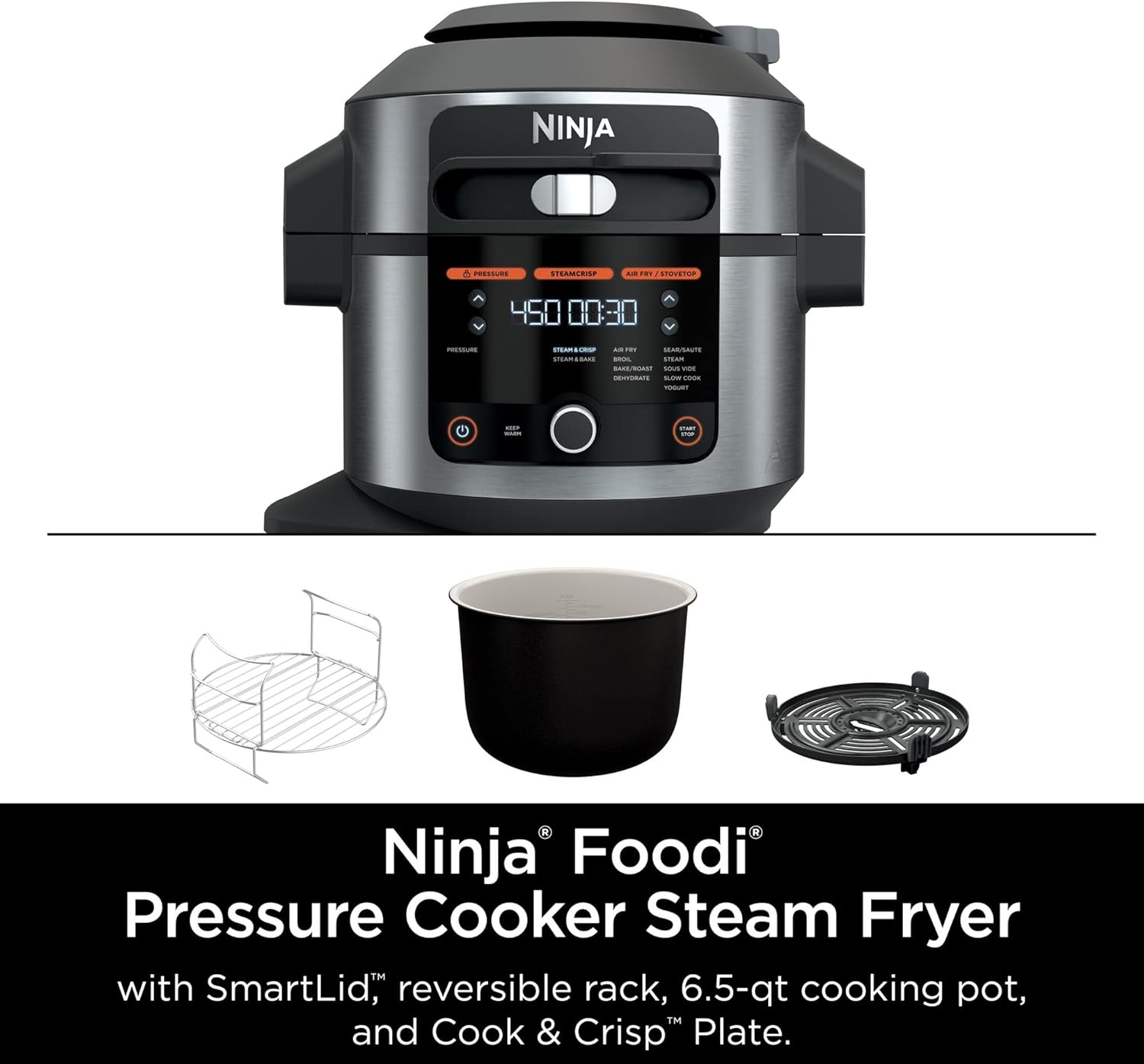 Ninja OL500 Foodi 6.5-qt. Pressure Cooker Steam Fryer with SmartLid, 13-in-1 that Air Fries, Bakes & More, with 2-Layer Capacity, Crisp Basket, Silver/Black (Renewed)