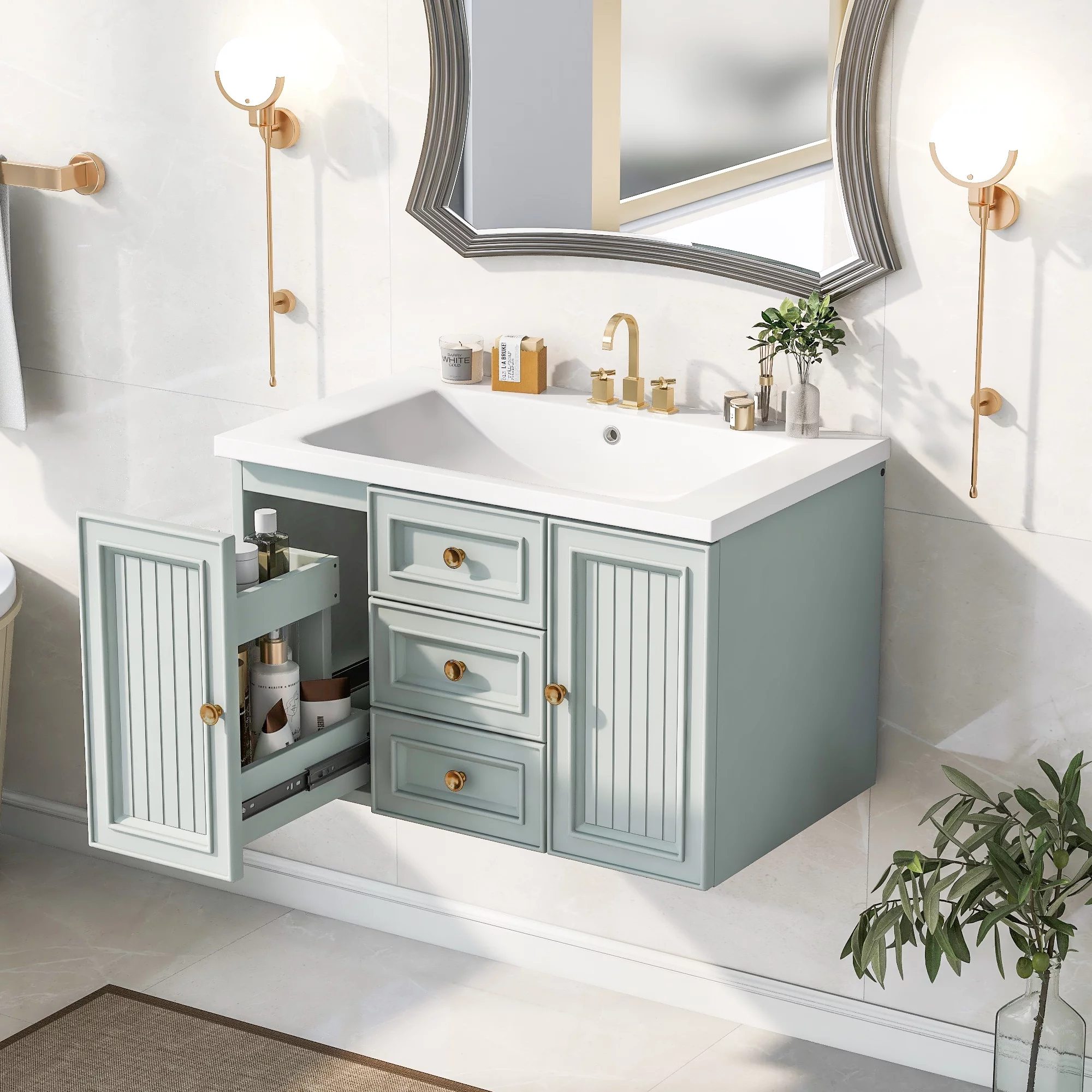 Churanty 30" Wall Mounted Bathroom Vanity with Sink, Vanity Cabinet with Functional Storage Drawer, Solid Wood & MDF Board, Green