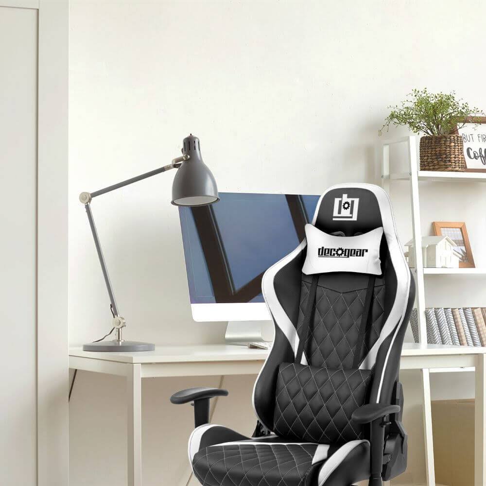 Deco Gear Ergonomic Foam Gaming Chair with Adjustable Head and Lumbar SUPPORT, White