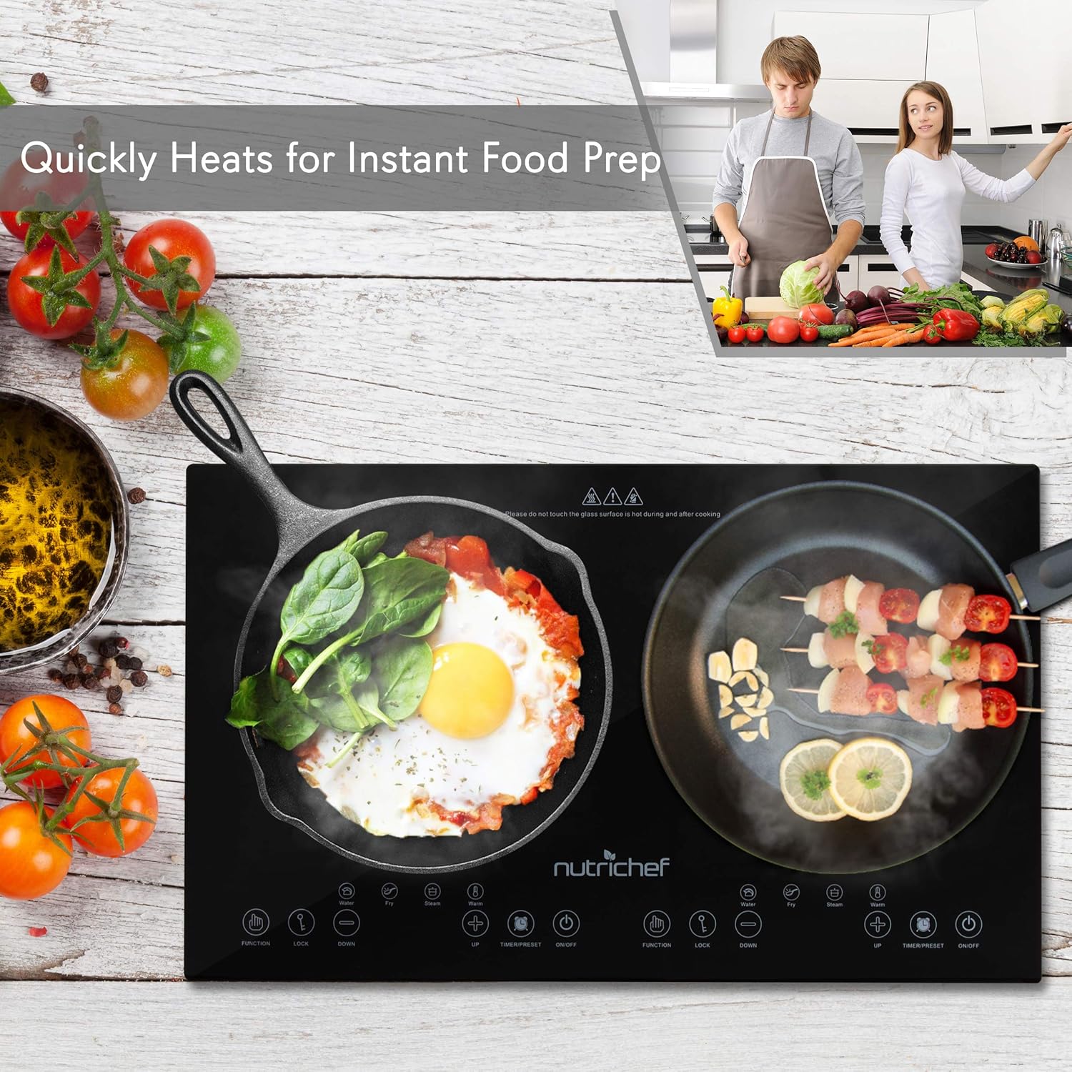 NutriChef Dual 120V Electric Induction Cooker - 1800w Portable Digital Ceramic Countertop Double Burner Cooktop w/ Kids Safety Lock - Works w/ Stainless Steel Pan / Magnetic Cookware