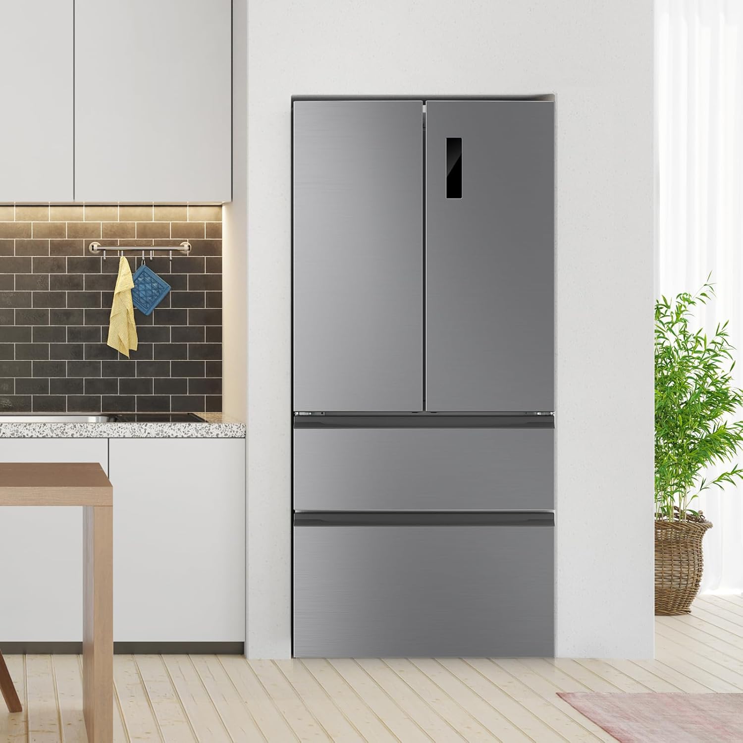 33 Inch Large Capacity French Door Refrigerator, 18.75 cu.ft Refrigerator with 2 Doors & 2 Drawers, Full Size Bottom Freezer Kitchen Fridge, Automatic Defrost, Dual Ice Maker, LED Lighting
