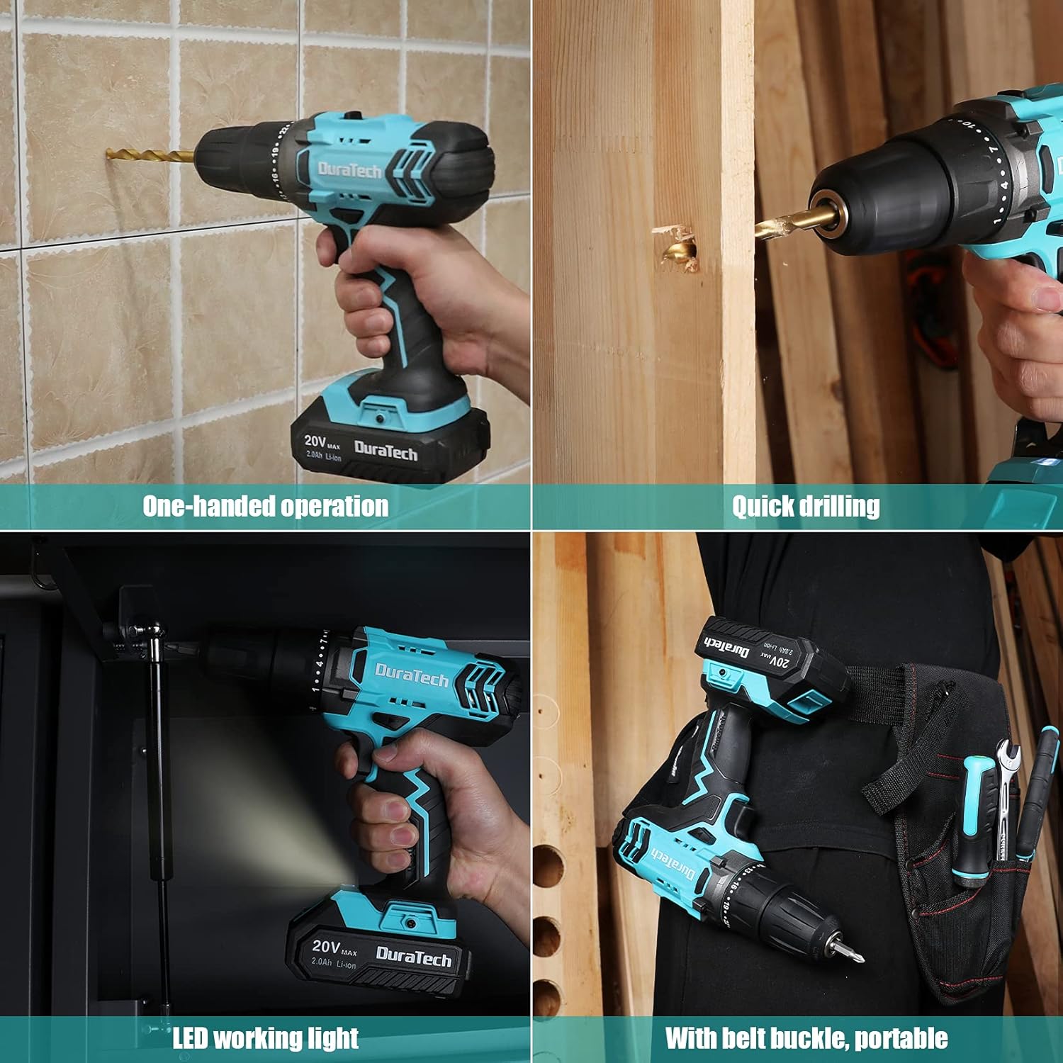 DURATECH 20V Cordless Drill, Electric Power Drill Driver Set with 1/2” Keyless Chuck, Variable Speed, 25+1 Torque Settings, 350 In-lbs Torque and 16pcs Drill Bits, Drill Tools Kit for Home Improvement Pack of 2