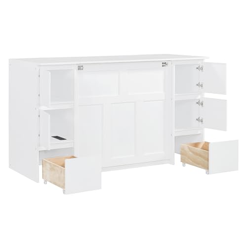 Twin Size Murphy Beds with Charging Station and Storage Drawers, Wood Cabinet Bed Frame, Wall Bed with Outlet & USB Ports for Home Office Studio, White