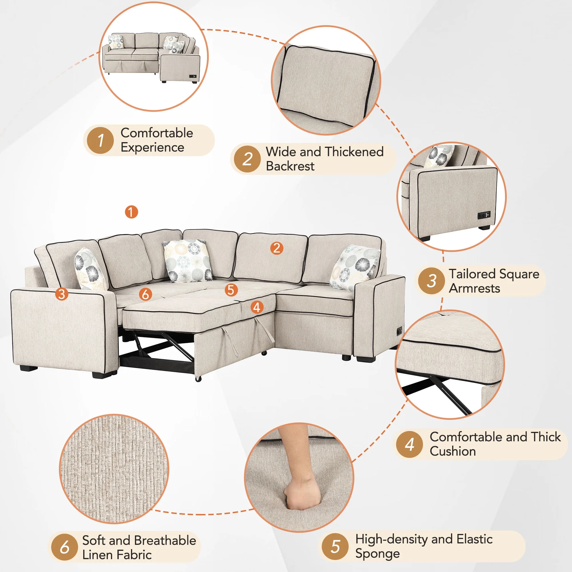 Euroco 5 Seat Pull Out Sofa Bed L-Shaped Sofa with 2 USB Ports, Sockets, Pillows, 83" Convertible Sleeper Sofa for Living Room, Bedroom, Office, Cream